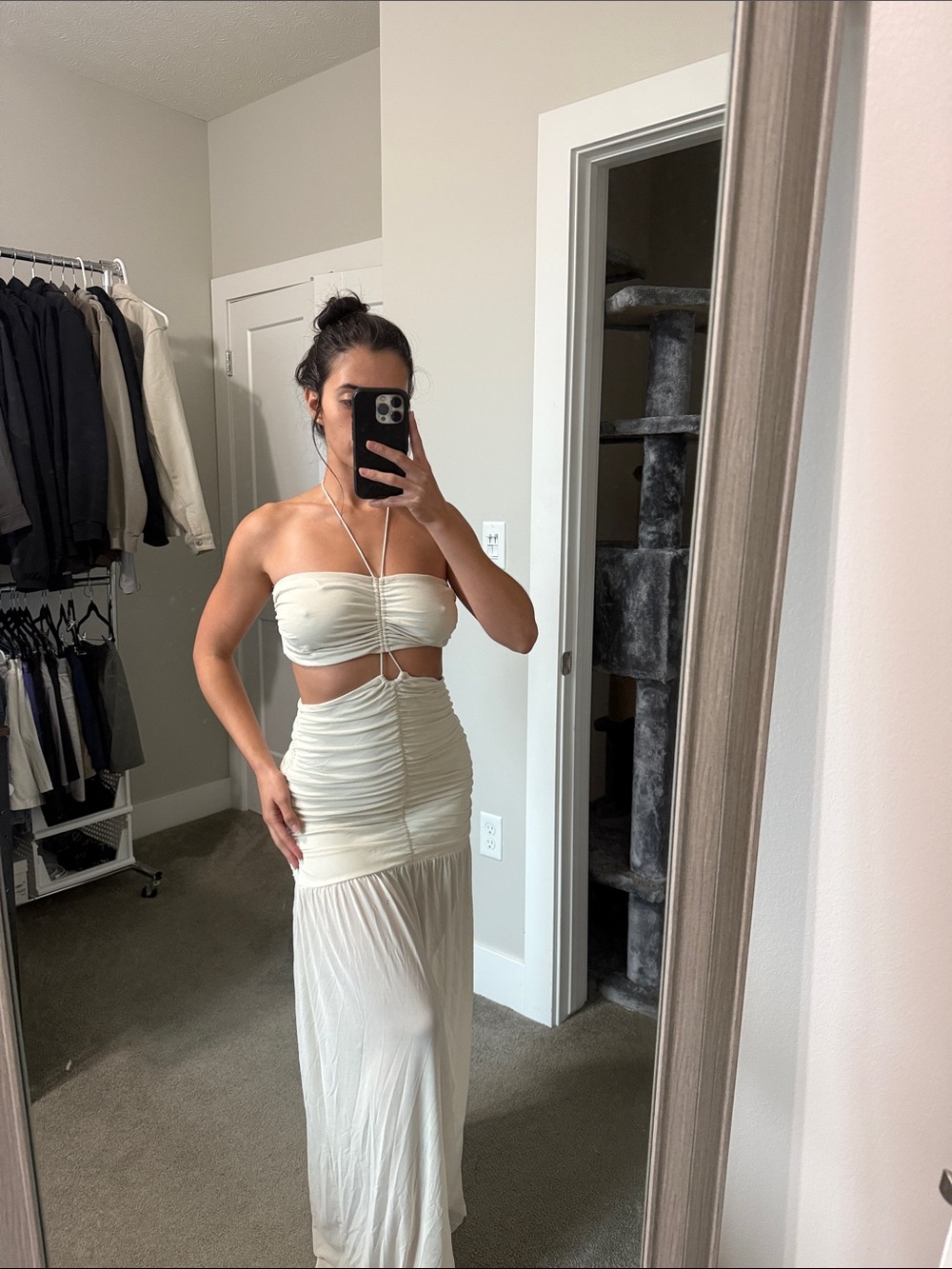 Peppermayo Cream Backless Halter Midi Dress